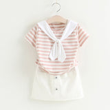 Striped T-shirt+White Skirt Girl Set