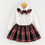 Bow T-shirt + Red Plaid Skirt Girls Set