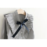 Girls Blouse Ribbon Bow Lace Stripes