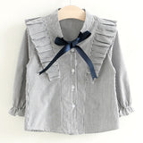 Girls Blouse Ribbon Bow Lace Stripes