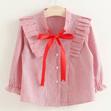 Girls Blouse Ribbon Bow Lace Stripes