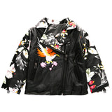 Birds Embroidery Faux Leather Jacket Girls